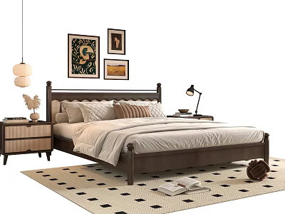 Double Bed with Decorative Paintings Nightstands Table Lamps and Geometric Pattern Rug 3d model