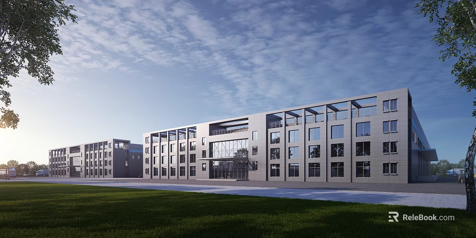 Modern Industrial Factory Building With Large Glass Windows And Spacious Front Lawn 3d model 