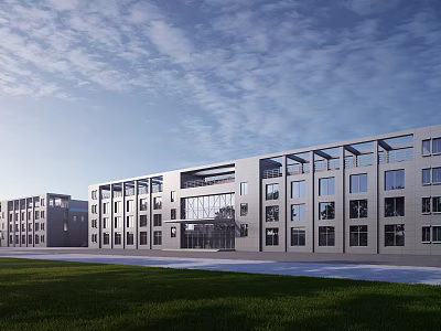 Modern Industrial Factory Building With Large Glass Windows And Spacious Front Lawn 3d model