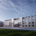 Modern Industrial Factory Building With Large Glass Windows And Spacious Front Lawn