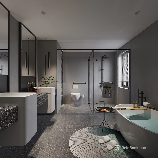 Modern Gray Bathroom Interior With Double Vanity Glass Shower And Bathtub 3d model 