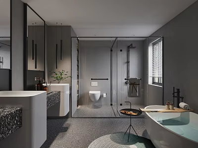 Modern Gray Bathroom Interior With Double Vanity Glass Shower And Bathtub 3d model