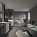 Modern Gray Bathroom Interior With Double Vanity Glass Shower And Bathtub