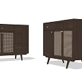 Dark Wood Entryway Side Cabinet With Rattan Doors Slim Legs Drawers And Open Shelves