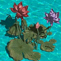 Aquatic Plants With Red Purple Lotus Flowers Buds And Green Lily Pads On Water Surface