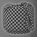 Light Gray Upholstered Round Ottoman With Knitted Plaid Blanket And Dark Wooden Base