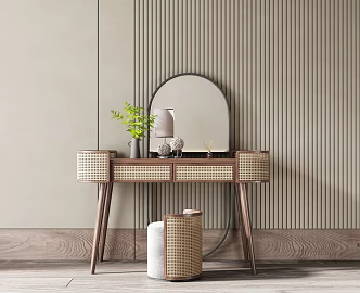 Nordic Dresser Rattan Dresser Makeup Stool Combination 3d model