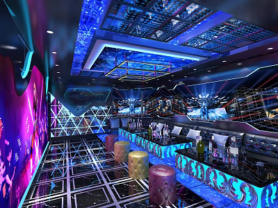 Modern KTV Interior With Colorful Lighting Bar Counter Stools Colorful Walls Ceiling And Wine Bottles 3d model