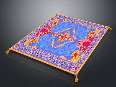 Decorative Living Room Carpet With Blue Red Yellow Ornate Pattern And Tassel Edges 3d model