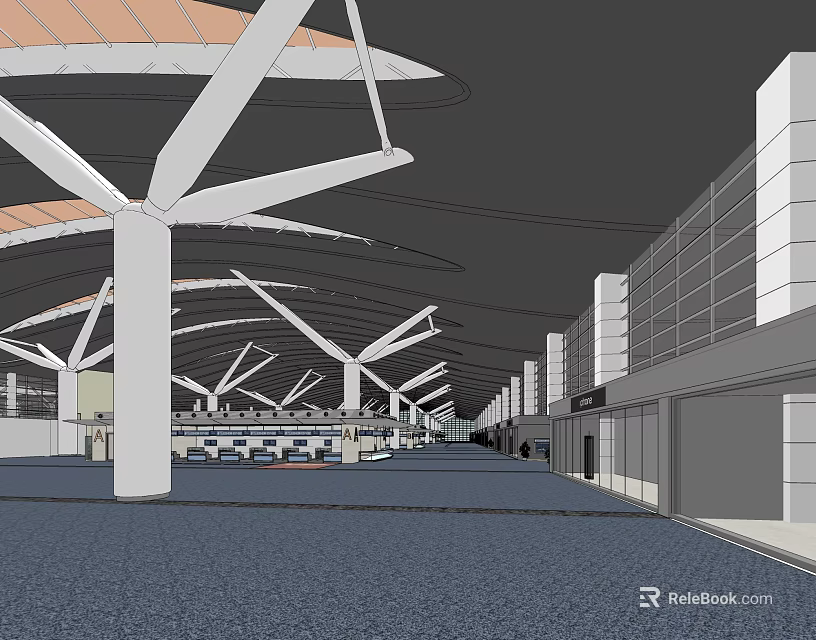 Spacious Airport Terminal Interior With Modern Roof Structure And Waiting Areas 3d model 