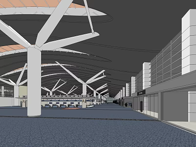 Spacious Airport Terminal Interior With Modern Roof Structure And Waiting Areas 3d model