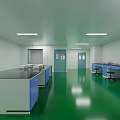 Laboratory Corridor With Blue Reception Desk Green Floor White Walls Multiple Windows And Ceiling Lights
