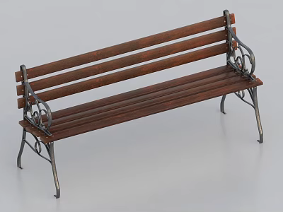 Wooden Slat Outdoor Bench With Metal Frame And Decorative Iron Armrests 3d model