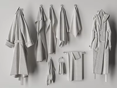 Gray Towels and Bathrobes of Different Sizes Hanging on Wall Hooks and Towel Racks 3d model