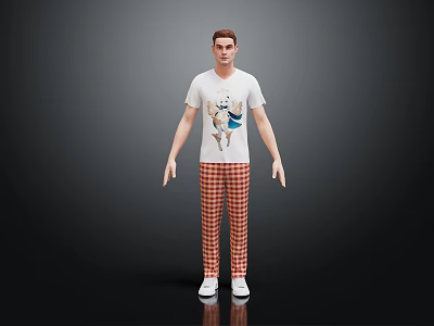 Man Wearing White T-shirt With Print And Red White Plaid Pants And White Shoes 3d model