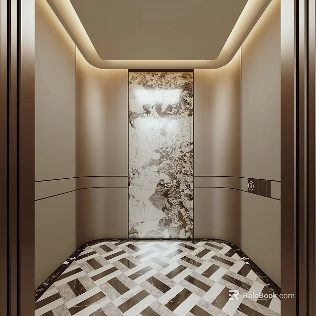 Modern Luxury Elevator Interior Design With Marble Wall Panel And Geometric Pattern Floor 3d model 