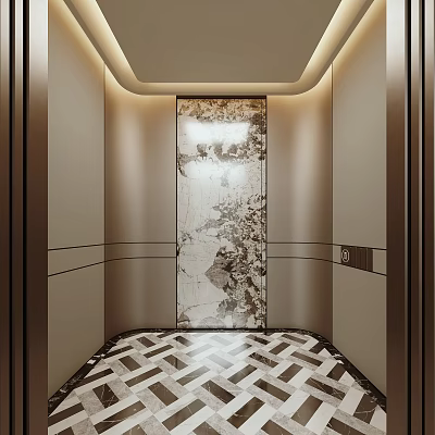 Modern Luxury Elevator Interior Design With Marble Wall Panel And Geometric Pattern Floor 3d model