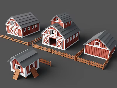 Multiple Red And White Barn Models With Gray Roofs And Wooden Fences 3d model