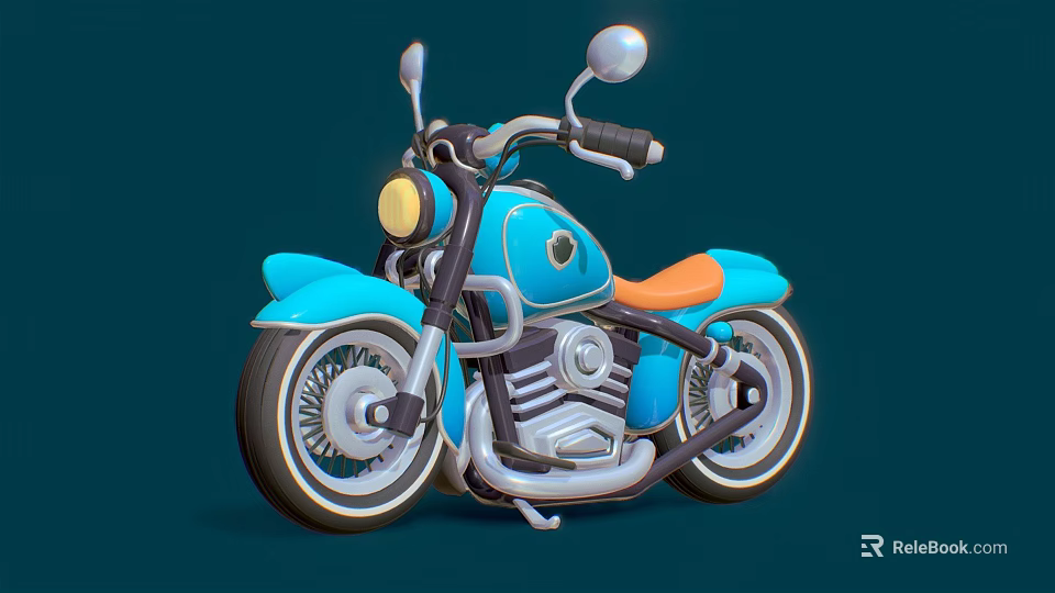 3D Rendered Blue Classic Motorcycle With Orange Seat Chrome Accents And Dark Blue Background 3d model 