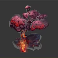 Unique Artistic Tree with Pink Leaves Red Lava Flowing Glowing Base