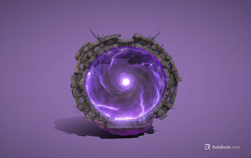 Mystical Circular Portal With Purple Glowing Vortex And Stone Spiked Edges 3d model 