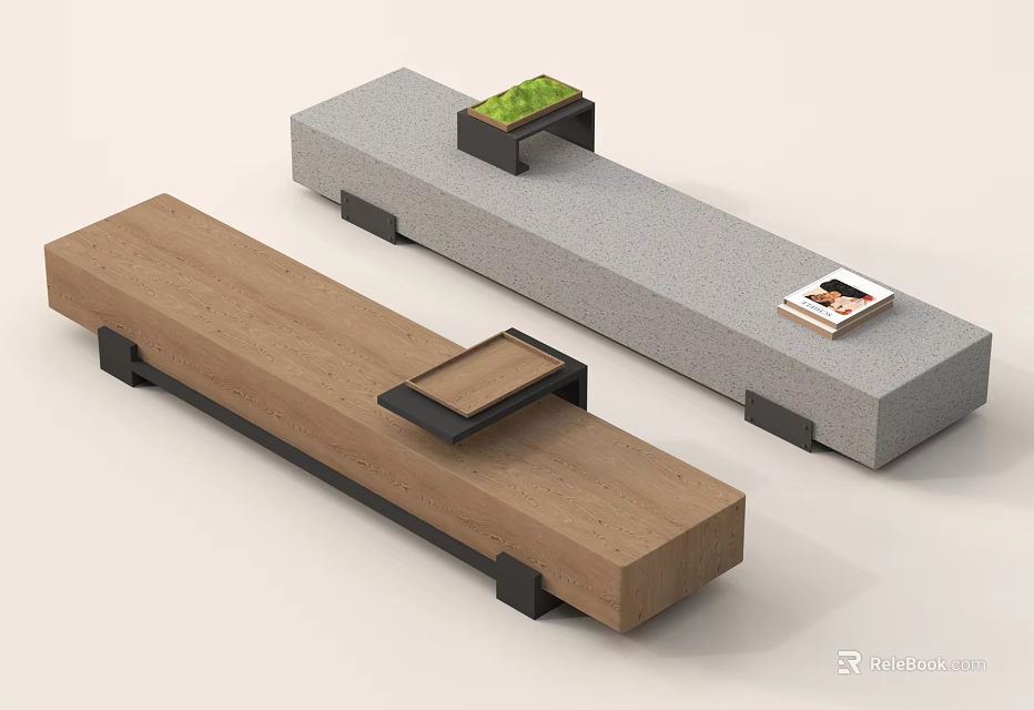 Wooden And Gray Display Stands With Small Plant Magazine And Wooden Tray 3d model 