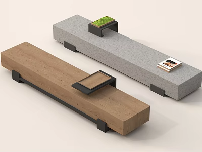 Wooden And Gray Display Stands With Small Plant Magazine And Wooden Tray 3d model