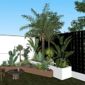 Modern Garden Design With White Wall Grid Partition And Lush Green Plants