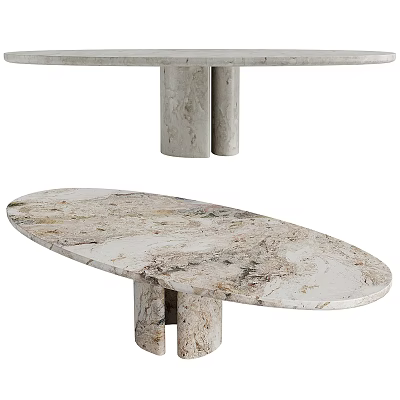 Modern Marble Dining Table With Oval Top And Double Column Base Design 3d model
