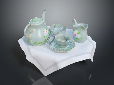 Porcelain Tea Set With Pink Floral Design Teapot Creamer Cup Saucer On White Napkin 3d model