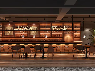 Inviting Café Interior Design With Wooden Alcohol Drinks Shelves Bar Counter Tables And Chairs 3d model