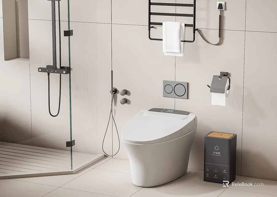 Smart Toilet in Modern Bathroom with Glass Shower Enclosure Black Towel Rack and Trash Bin 3d model 