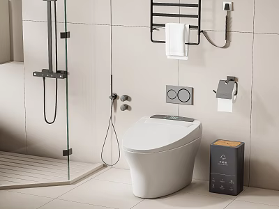 Smart Toilet in Modern Bathroom with Glass Shower Enclosure Black Towel Rack and Trash Bin 3d model
