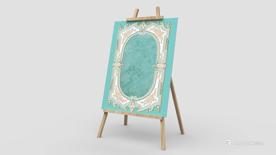 Wooden Easel With Turquoise Decorative Panel And White Carved Frame 3d model 