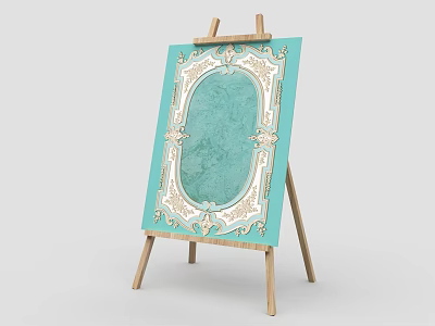 Wooden Easel With Turquoise Decorative Panel And White Carved Frame 3d model