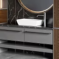 Modern Bathroom Vanity With Round Mirror Marble Countertop Grey Cabinets And Wooden Accents