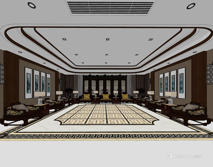 Spacious Traditional Chinese Hotel Public Lounge Area With Classical Decor And Sofa Sets 3d model 
