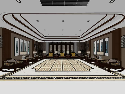 Spacious Traditional Chinese Hotel Public Lounge Area With Classical Decor And Sofa Sets 3d model