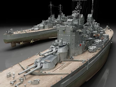 Two Detailed Battleship Models With Main Cannons Wooden Decks And Masts 3d model