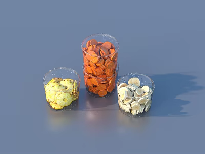 Sliced Fruits in Three Transparent Glasses with Yellow Orange White Colors on Gray Background 3d model