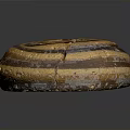 Circular Spiral Sculpture With Brown And Yellow Striped Textured Surface And Cracks