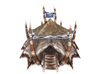 Traditional Style Tent With Decorative Flags Pointed Roof And Wooden Ladder Entrance 3d model