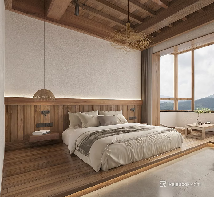 Hotel Guest Room Featuring Wooden Headboard King Bed Woven Pendant Light And Mountain View Window 3d model 