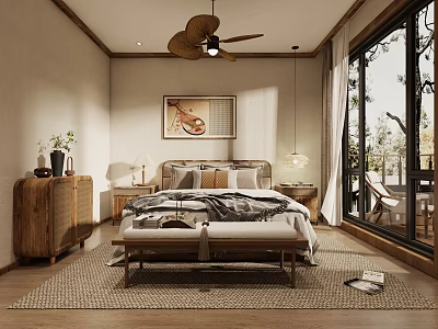 Warm Natural Bedroom With Wooden Bed Nightstands Ceiling Fan And Area Rug By Large Windows 3d model