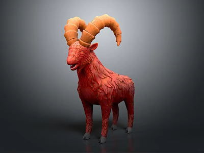 Red Goat like Creature with Large Curved Horns and Textured Body 3d model