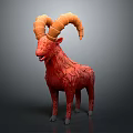 Red Goat like Creature with Large Curved Horns and Textured Body