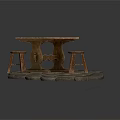 Rustic Wooden Table And Stools Set On Natural Stone Pavement For Outdoor Furniture