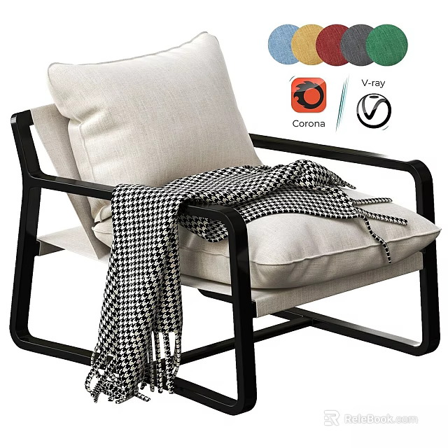 Stylish Modern Leisure Chair with Black Frame Beige Cushion and Black White Checkered Blanket 3d model 
