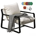 Stylish Modern Leisure Chair with Black Frame Beige Cushion and Black White Checkered Blanket