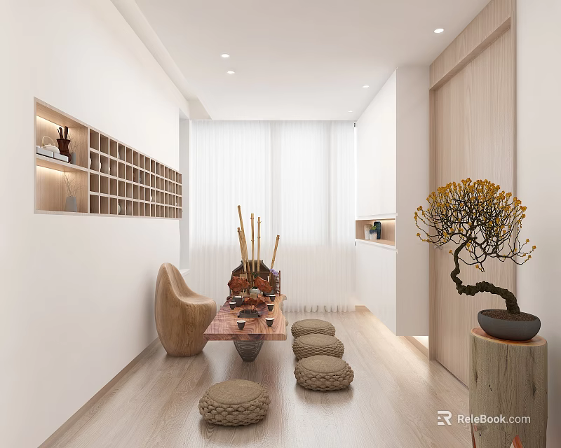 Zen Style Entryway Hallway With Wooden Furniture Bonsai And Cushions 3d model 